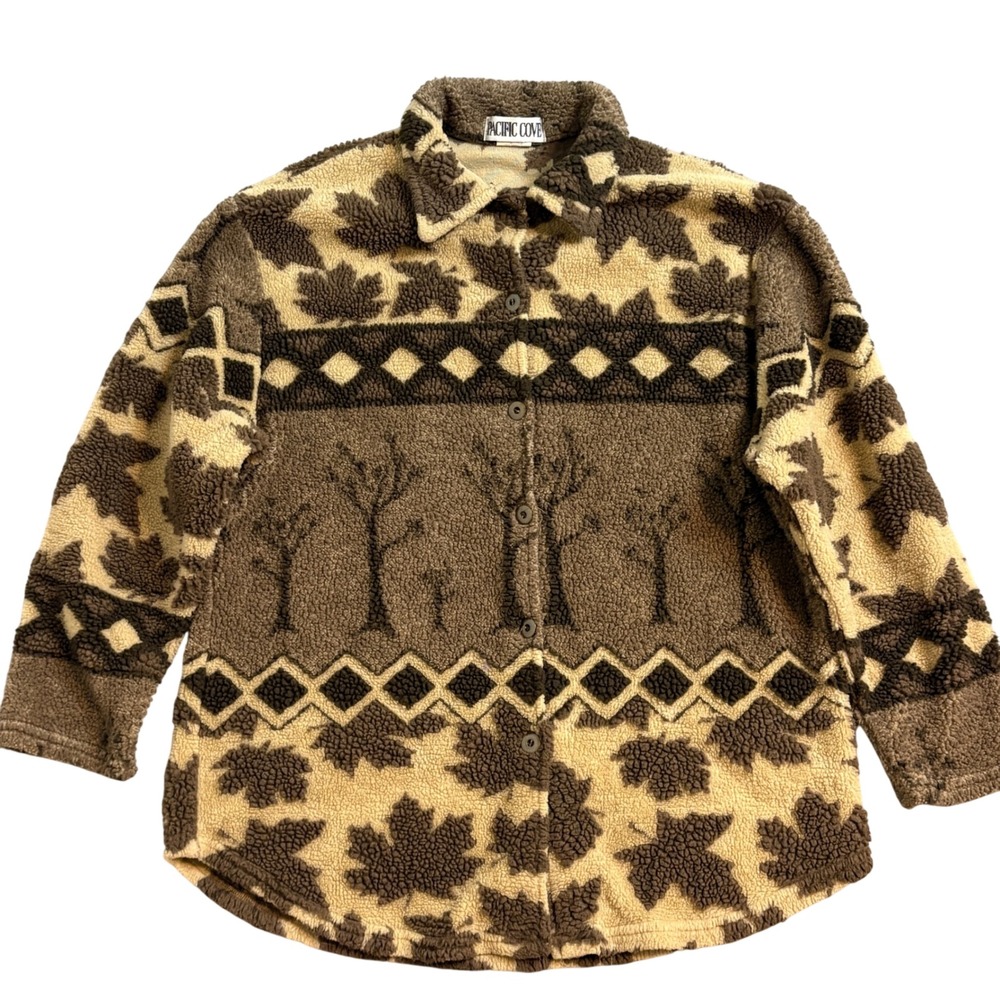Pacific Cove Vintage Fleece Button Up Shirt Sweater Maple Leaf Tree Nature L